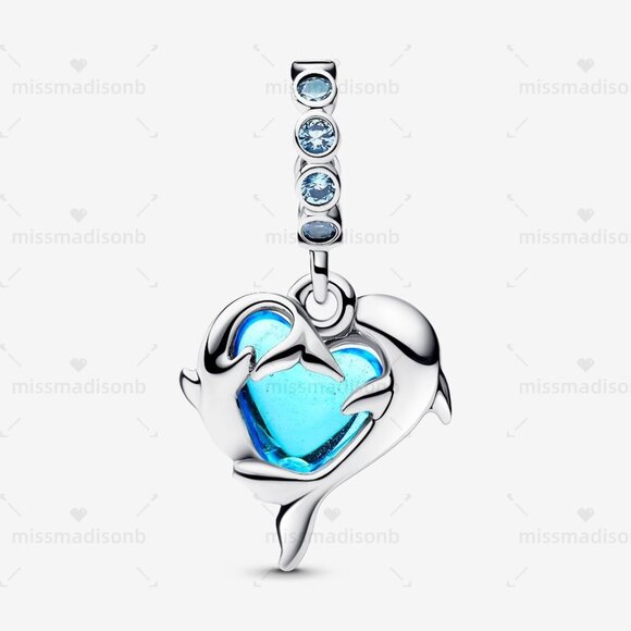 Pandora Blue Murano Glass Dolphins Dangle Charm - Picture 2 of 7